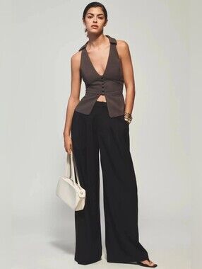 Anthropologie Maeve The Avery Pleaded Wide Leg Trouser Wool Edition Black Small